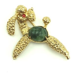 Vintage Poodle Brooch Gold Vermeil Green Chalcedony Cabochon